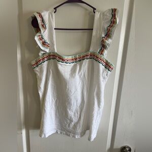 White Ruffled Women's Top with Multicolor Trim Large